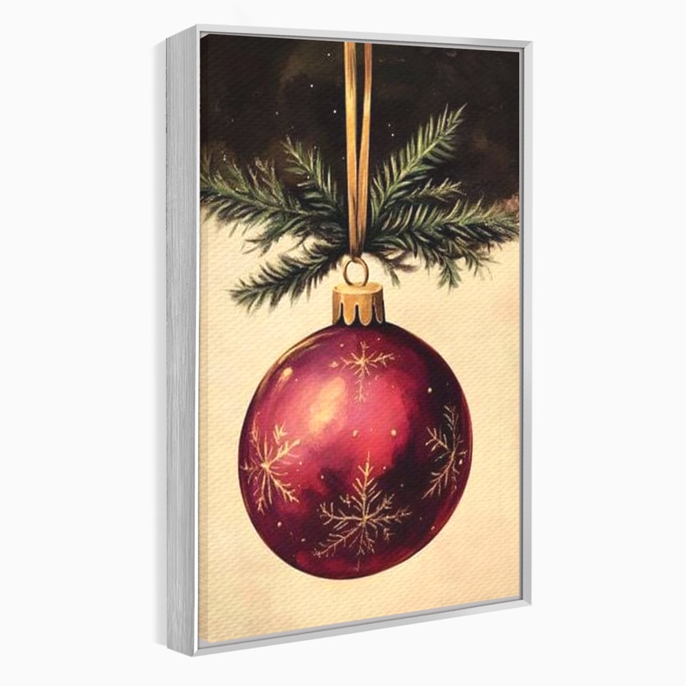 Tablou canvas cu tablou canvas cu glob de craciun visiniu, in rama de aluminiu argintiu